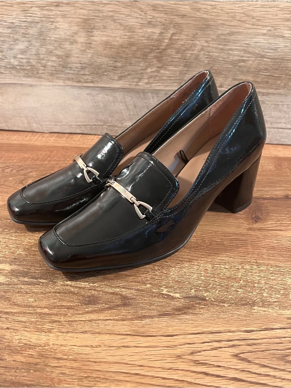 Naturalizer Wynrie Black Patent Leather Heeled Loafer Bit Pumps